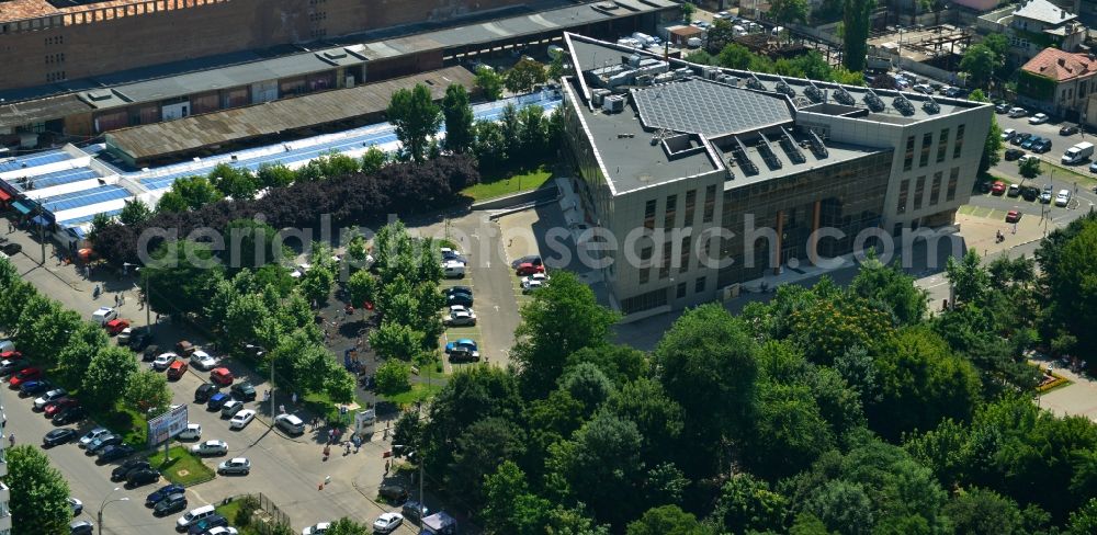 Bukarest from above - Construction of the new city administration Primaria Sectorului am Stadtpark Parcul Obor in the city center of the capital, Bucharest, Romania