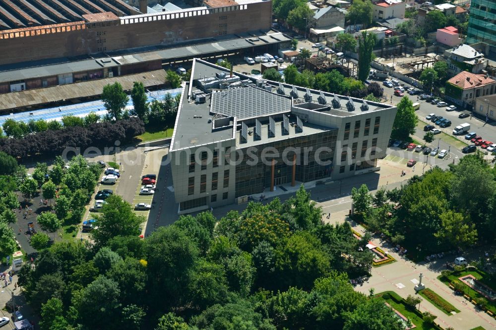 Aerial image Bukarest - Construction of the new city administration Primaria Sectorului am Stadtpark Parcul Obor in the city center of the capital, Bucharest, Romania