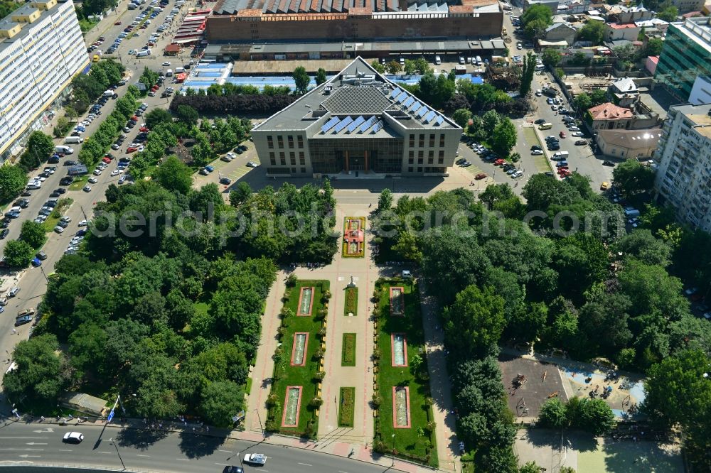 Bukarest from above - Construction of the new city administration Primaria Sectorului am Stadtpark Parcul Obor in the city center of the capital, Bucharest, Romania