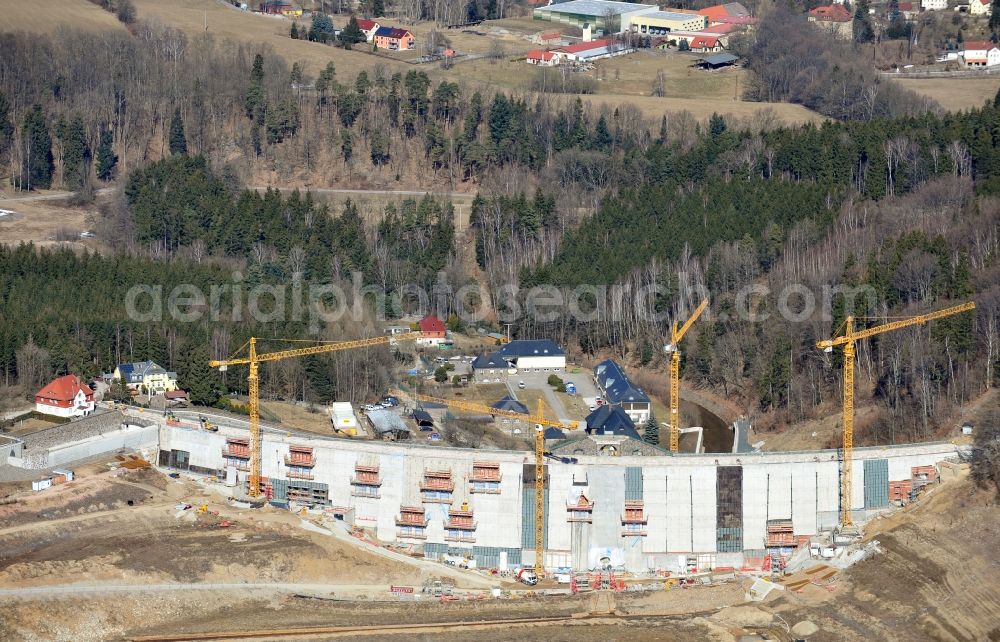 Aerial photograph Klingenberg - Construction site for the reconstruction of the dam wall Wasserkraftwerk Klingenberg in Klingenberg in the state Saxony, Germany