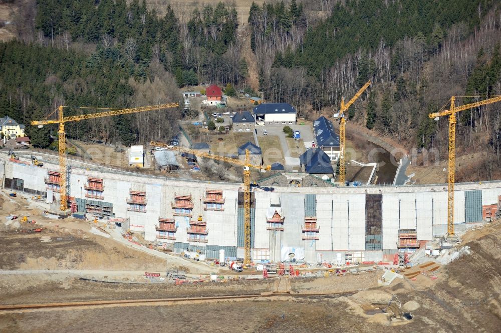 Klingenberg from above - Construction site for the reconstruction of the dam wall Wasserkraftwerk Klingenberg in Klingenberg in the state Saxony, Germany