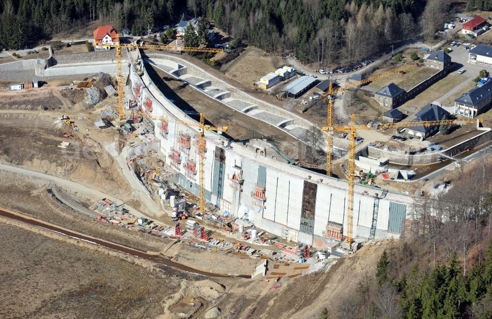 Aerial image Klingenberg - Construction site for the reconstruction of the dam wall Wasserkraftwerk Klingenberg in Klingenberg in the state Saxony, Germany