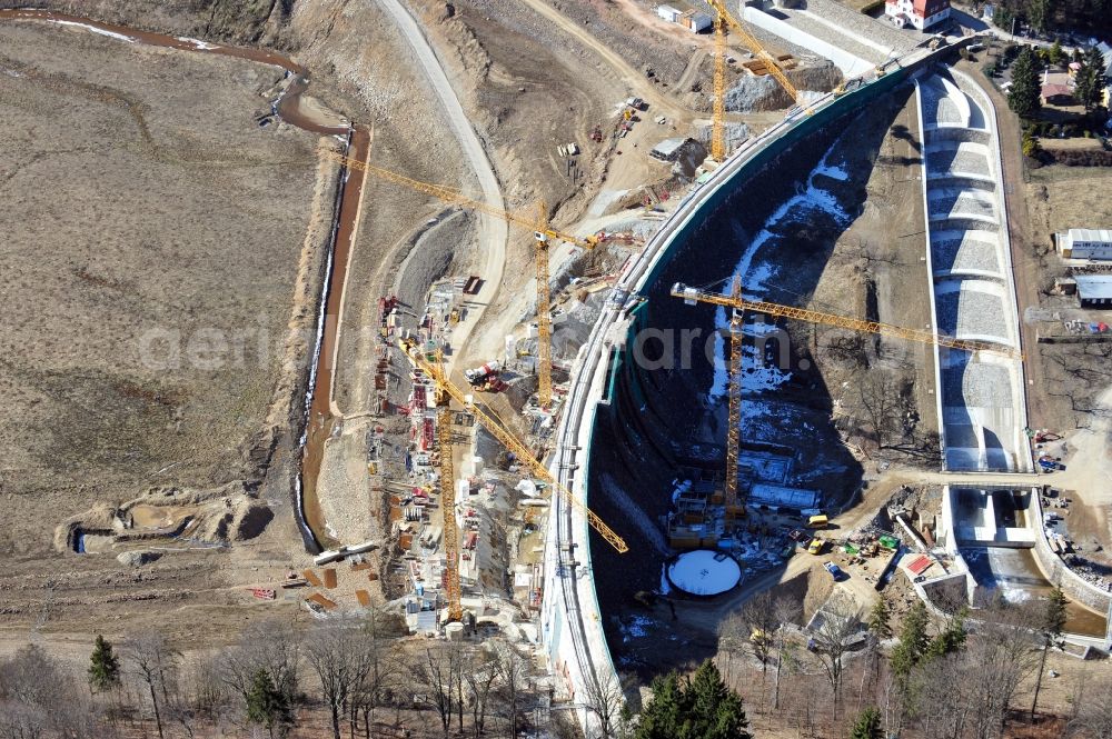 Klingenberg from the bird's eye view: Construction site for the reconstruction of the dam wall Wasserkraftwerk Klingenberg in Klingenberg in the state Saxony, Germany