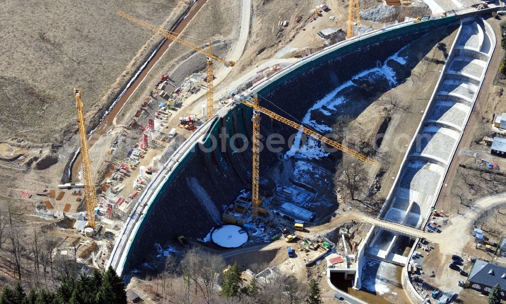 Aerial image Klingenberg - Construction site for the reconstruction of the dam wall Wasserkraftwerk Klingenberg in Klingenberg in the state Saxony, Germany