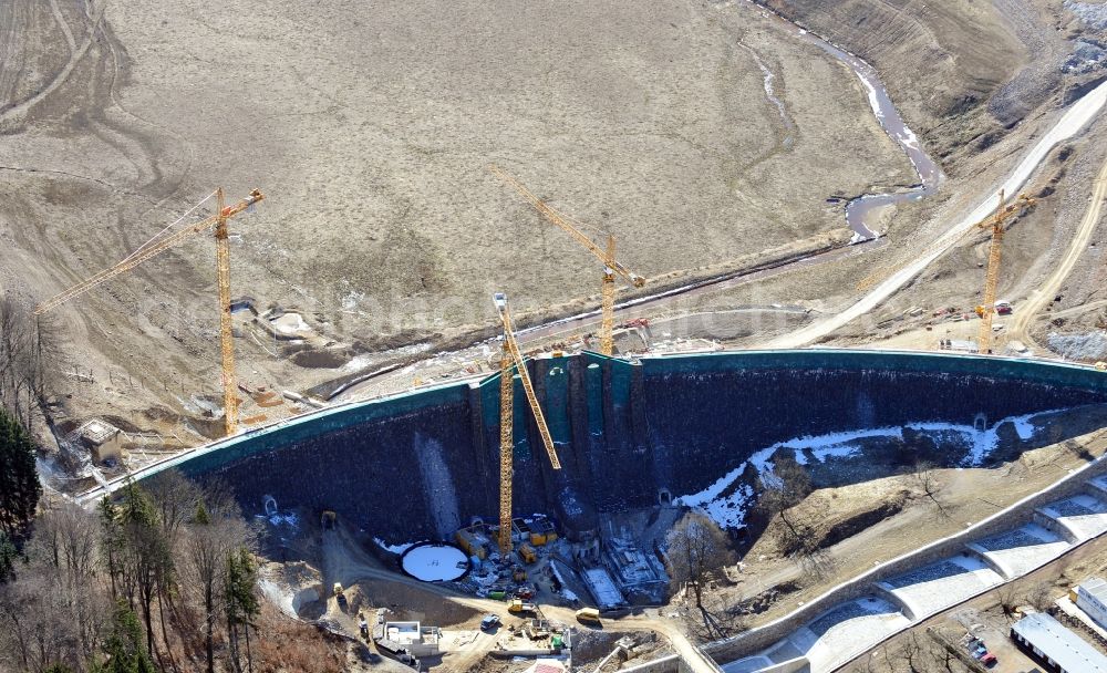 Klingenberg from above - Construction site for the reconstruction of the dam wall Wasserkraftwerk Klingenberg in Klingenberg in the state Saxony, Germany