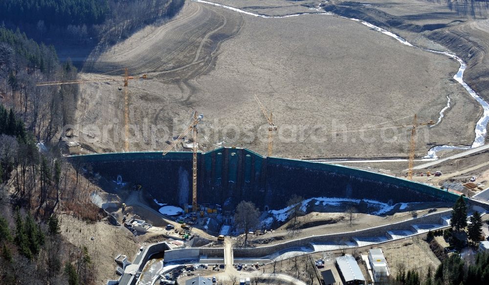 Klingenberg from the bird's eye view: Construction site for the reconstruction of the dam wall Wasserkraftwerk Klingenberg in Klingenberg in the state Saxony, Germany