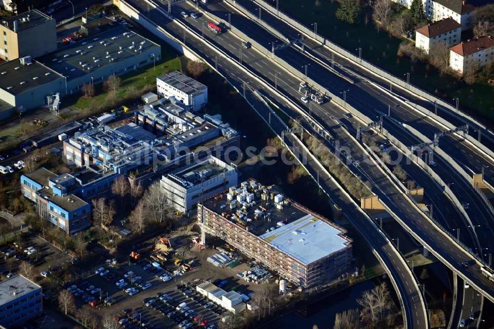 Berlin from above - Construction of a new manufacturing sterilization on the premises of BIOTRONIK SE & Co. KG in Woermannkehre in Berlin Neukölln