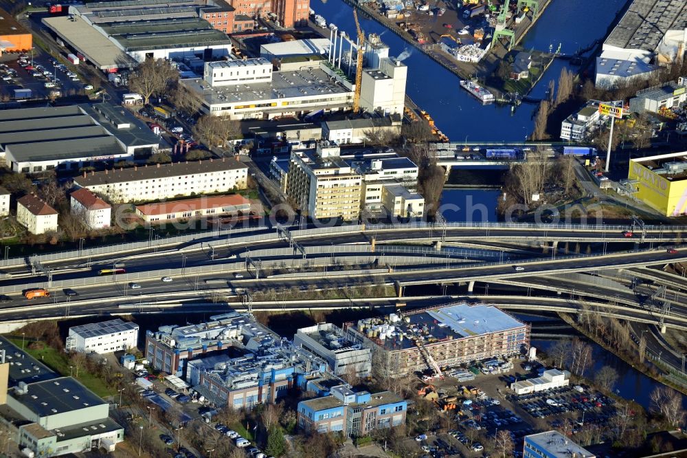 Aerial photograph Berlin - Construction of a new manufacturing sterilization on the premises of BIOTRONIK SE & Co. KG in Woermannkehre in Berlin Neukölln