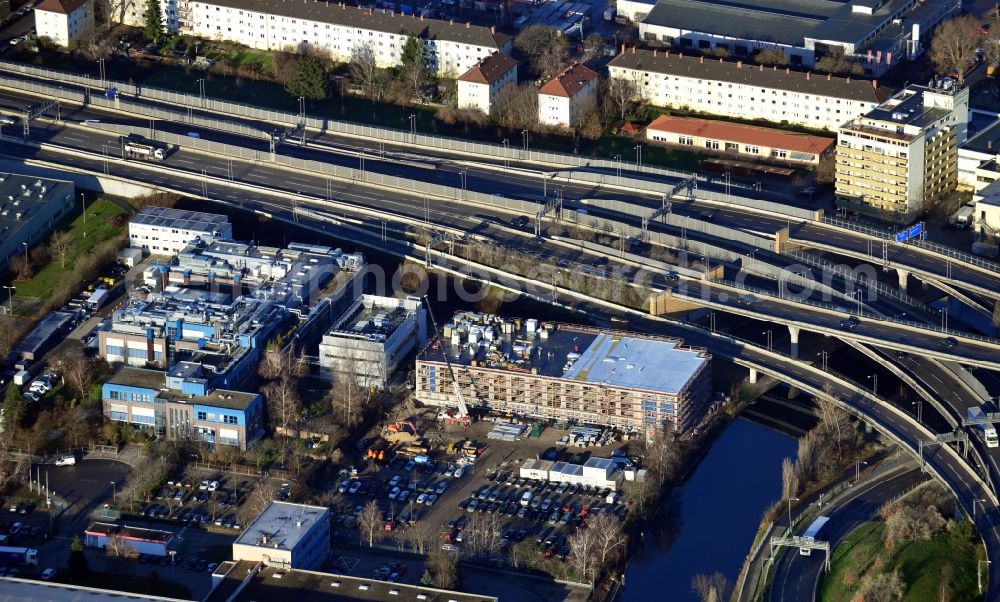 Berlin from above - Construction of a new manufacturing sterilization on the premises of BIOTRONIK SE & Co. KG in Woermannkehre in Berlin Neukölln