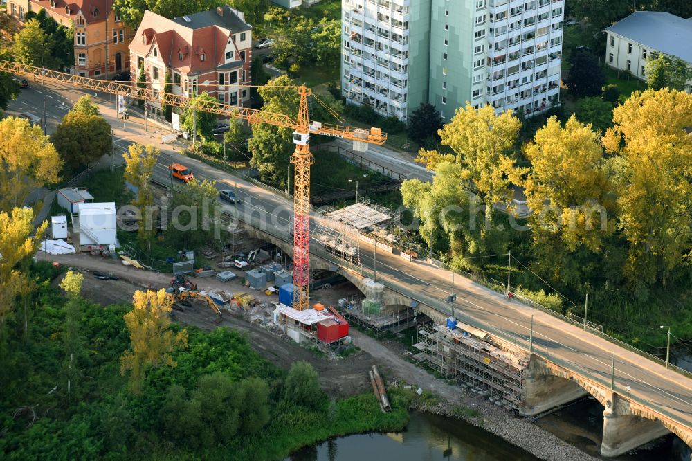 Magdeburg from the bird's eye view: Construction site for the new construction of the road bridges - route and routing of the replacement power bridge train as a pylon bridge named Kaiser-Otto-Bridge and Queen-Editha-Bridge over the Zollelbe and the Alte Elbe on the Mittelstrasse in the district Werder in Magdeburg in the state Saxony- Anhalt, Germany