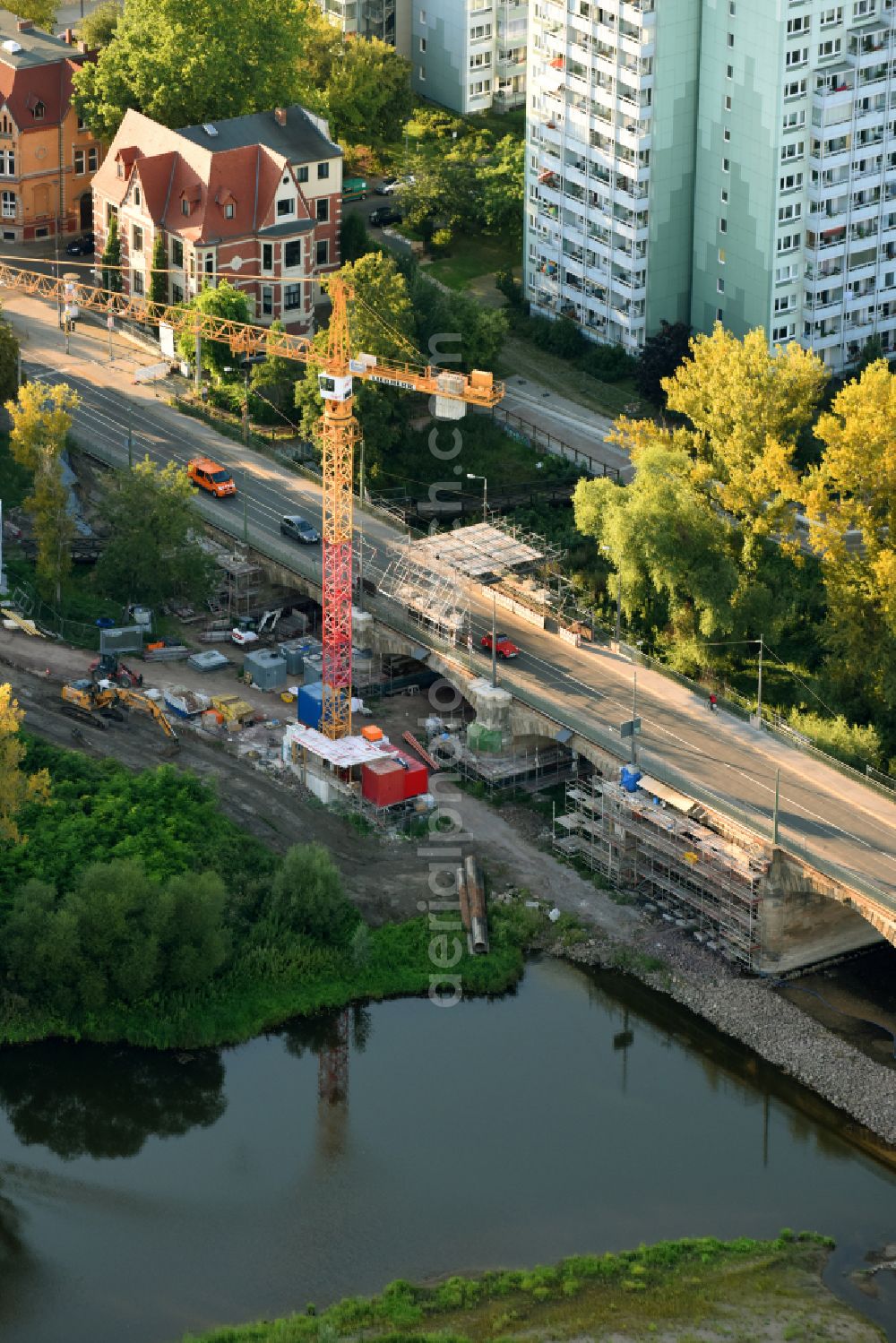 Aerial image Magdeburg - Construction site for the new construction of the road bridges - route and routing of the replacement power bridge train as a pylon bridge named Kaiser-Otto-Bridge and Queen-Editha-Bridge over the Zollelbe and the Alte Elbe on the Mittelstrasse in the district Werder in Magdeburg in the state Saxony- Anhalt, Germany