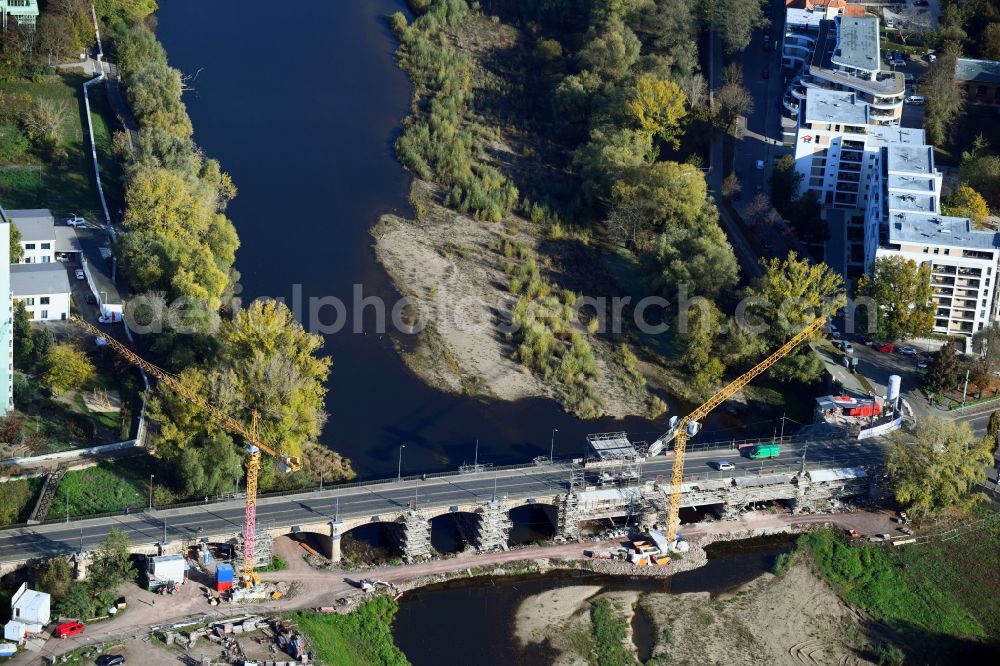 Aerial image Magdeburg - Construction site for the new construction of the road bridges - route and routing of the replacement power bridge train as a pylon bridge named Kaiser-Otto-Bridge and Queen-Editha-Bridge over the Zollelbe and the Alte Elbe on the Mittelstrasse in the district Werder in Magdeburg in the state Saxony- Anhalt, Germany