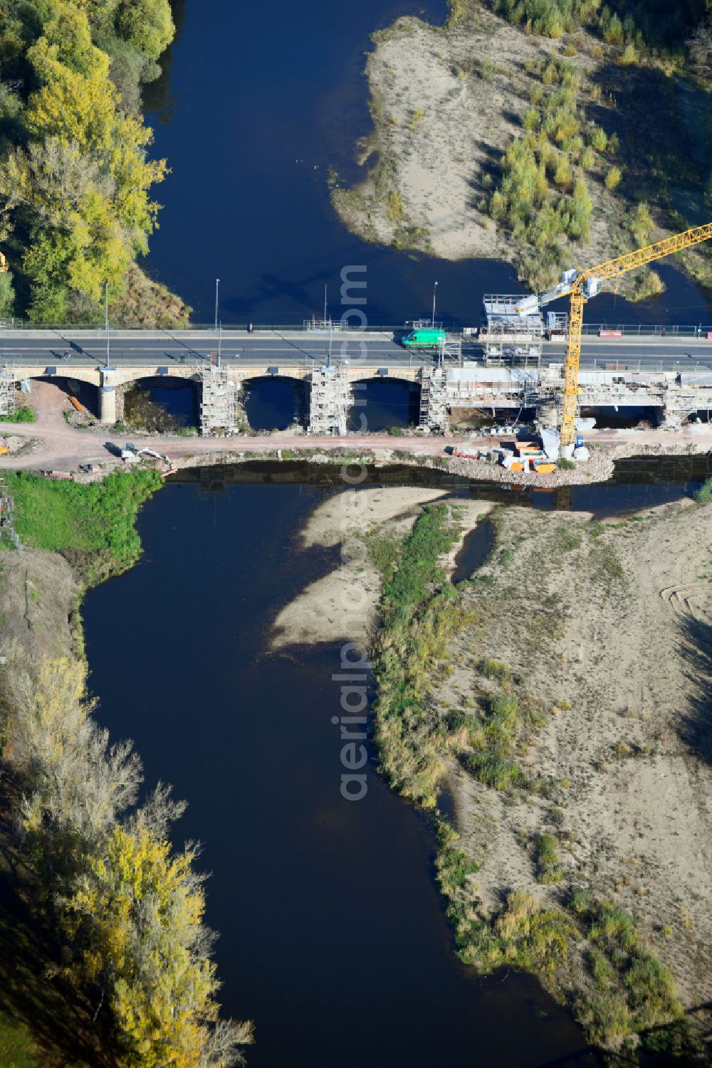 Magdeburg from above - Construction site for the new construction of the road bridges - route and routing of the replacement power bridge train as a pylon bridge named Kaiser-Otto-Bridge and Queen-Editha-Bridge over the Zollelbe and the Alte Elbe on the Mittelstrasse in the district Werder in Magdeburg in the state Saxony- Anhalt, Germany