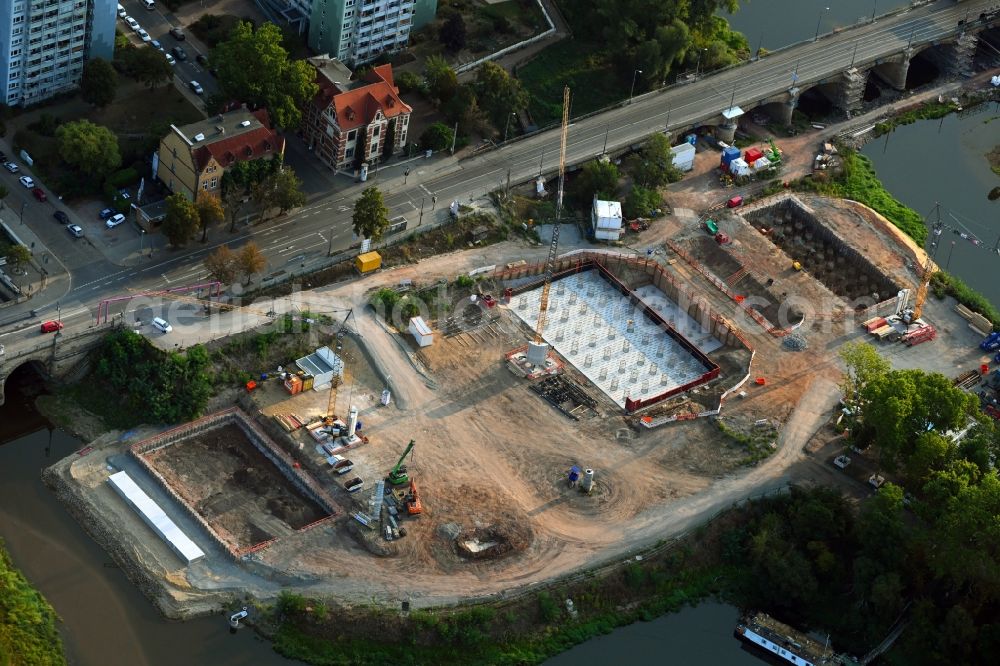 Magdeburg from above - Construction site for the new construction of the road bridges - route and routing of the replacement power bridge train as a pylon bridge named Kaiser-Otto-Bridge and Queen-Editha-Bridge over the Zollelbe and the Alte Elbe on the Mittelstrasse in the district Werder in Magdeburg in the state Saxony- Anhalt, Germany