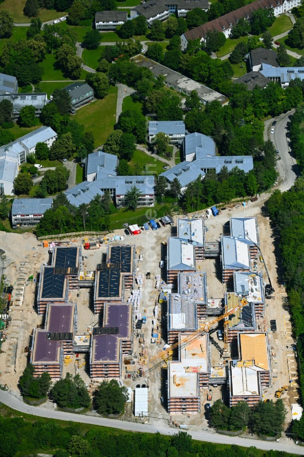 Aerial photograph Neubiberg - Construction site of a student dorm on Werner-Heisenberg-Weg in the district Unterbiberg in Neubiberg in the state Bavaria, Germany