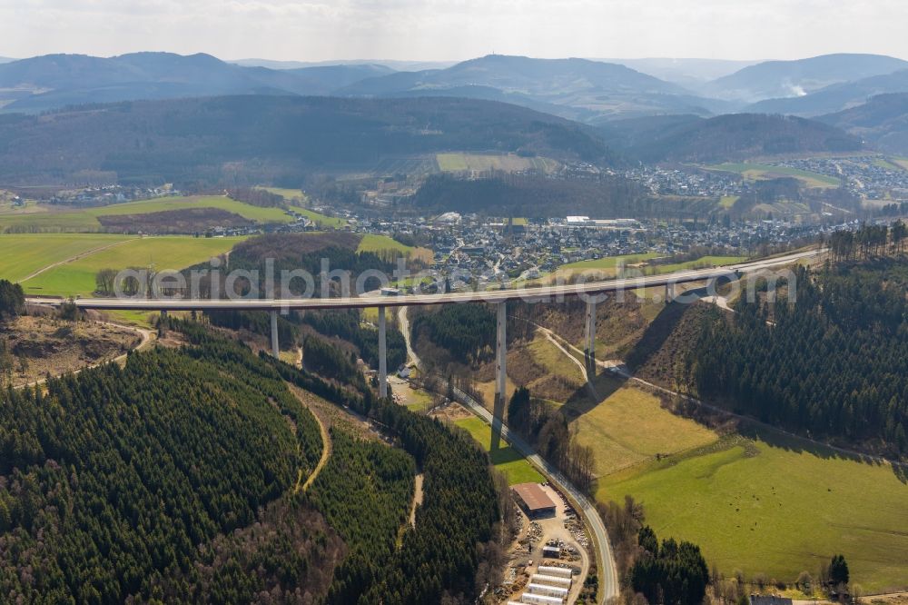 Aerial image Bestwig - Viaduct Nuttlar under construction overlooking the municipality Bestwig in North Rhine-Westphalia