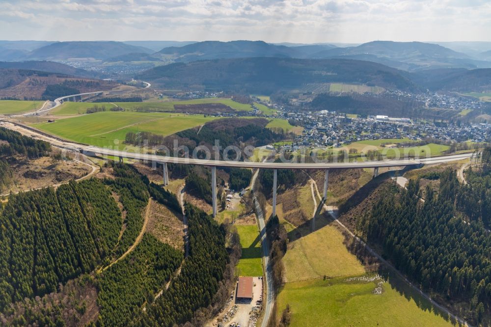 Aerial photograph Bestwig - Viaduct Nuttlar under construction overlooking the municipality Bestwig in North Rhine-Westphalia