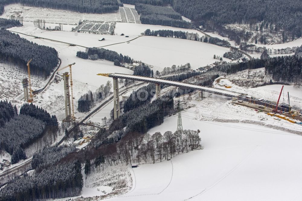 Bestwig from above - Viaduct Nuttlar under construction overlooking the municipality Bestwig in North Rhine-Westphalia