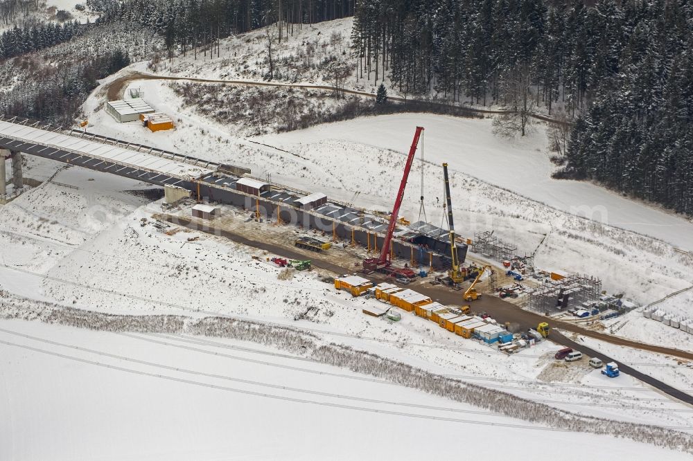 Bestwig from the bird's eye view: Viaduct Nuttlar under construction overlooking the municipality Bestwig in North Rhine-Westphalia