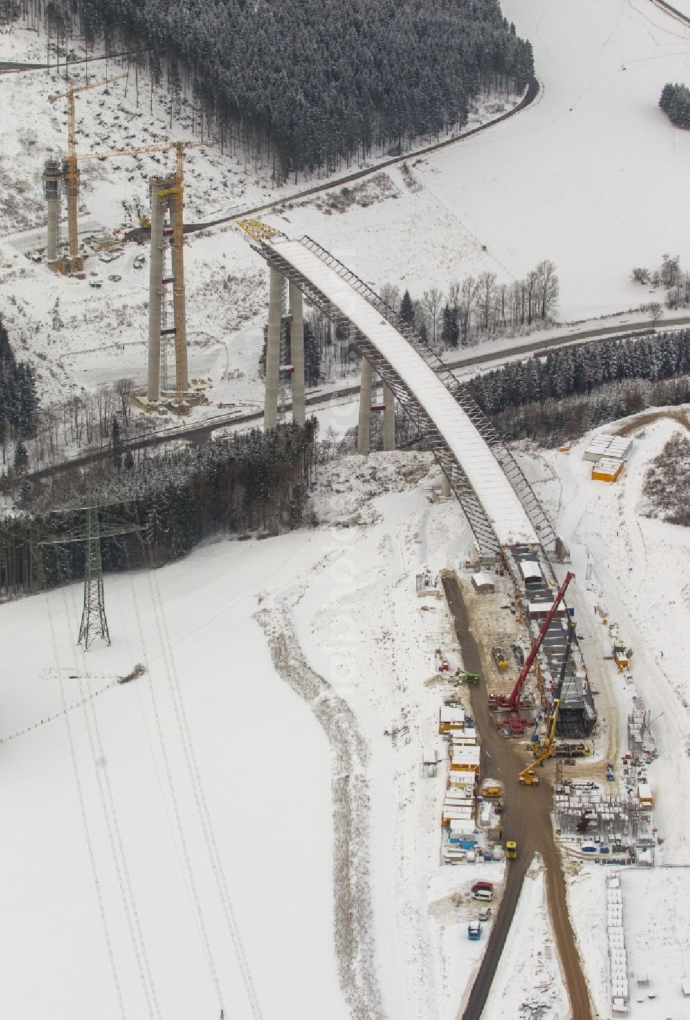 Aerial photograph Bestwig - Viaduct Nuttlar under construction overlooking the municipality Bestwig in North Rhine-Westphalia