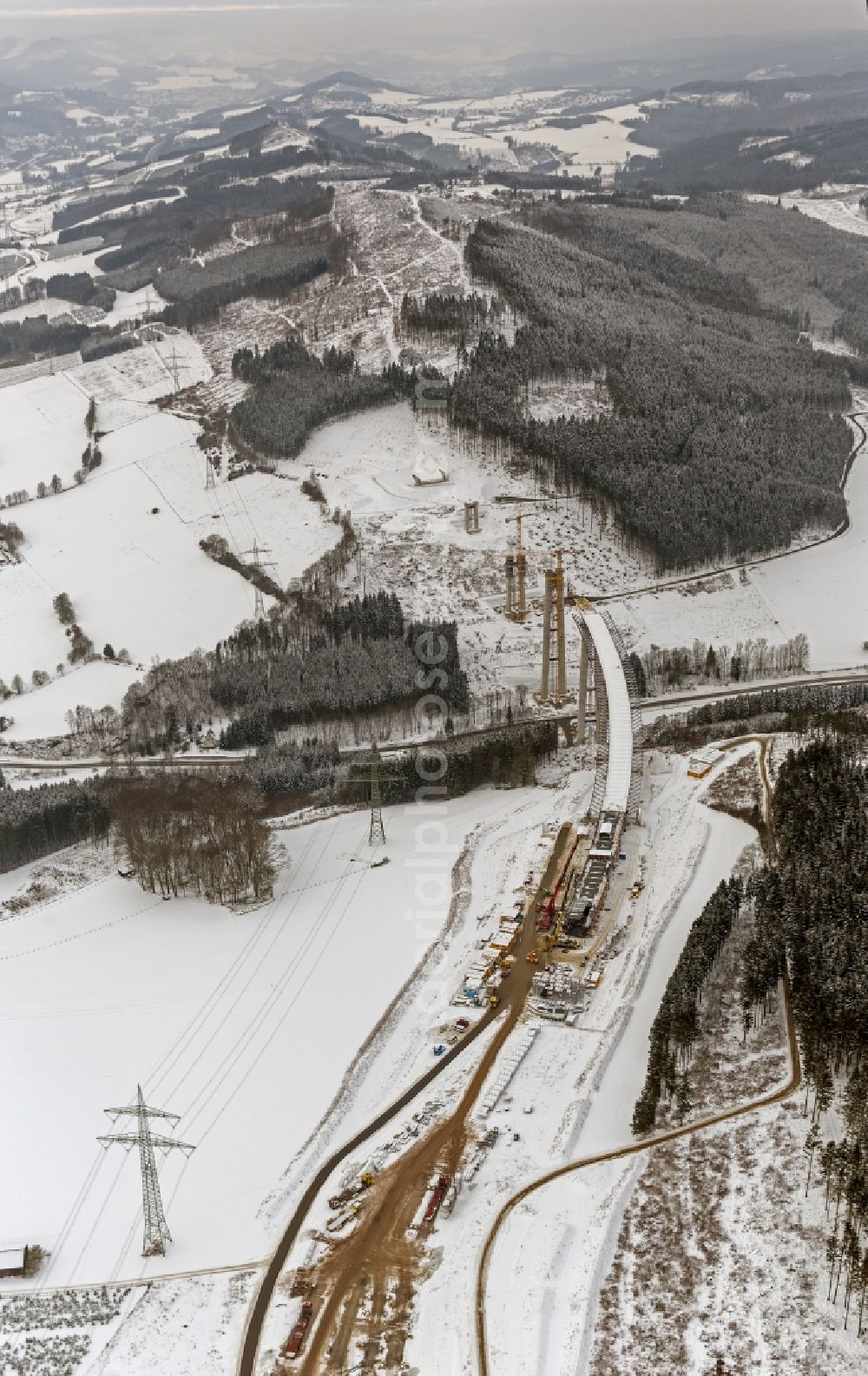 Bestwig from above - Viaduct Nuttlar under construction overlooking the municipality Bestwig in North Rhine-Westphalia