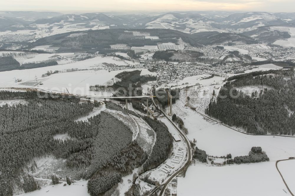 Bestwig from above - Viaduct Nuttlar under construction overlooking the municipality Bestwig in North Rhine-Westphalia