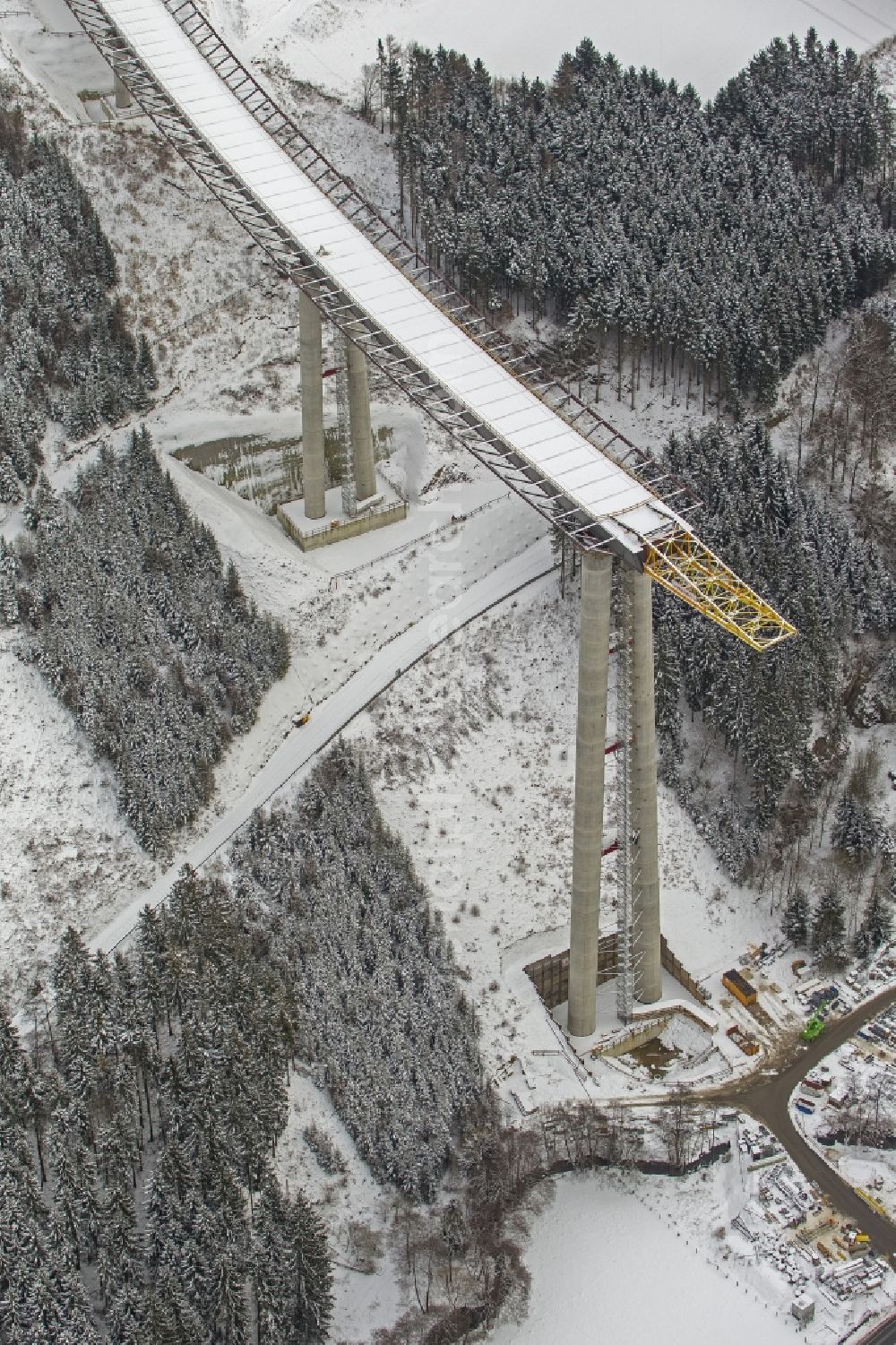 Bestwig from the bird's eye view: Viaduct Nuttlar under construction overlooking the municipality Bestwig in North Rhine-Westphalia