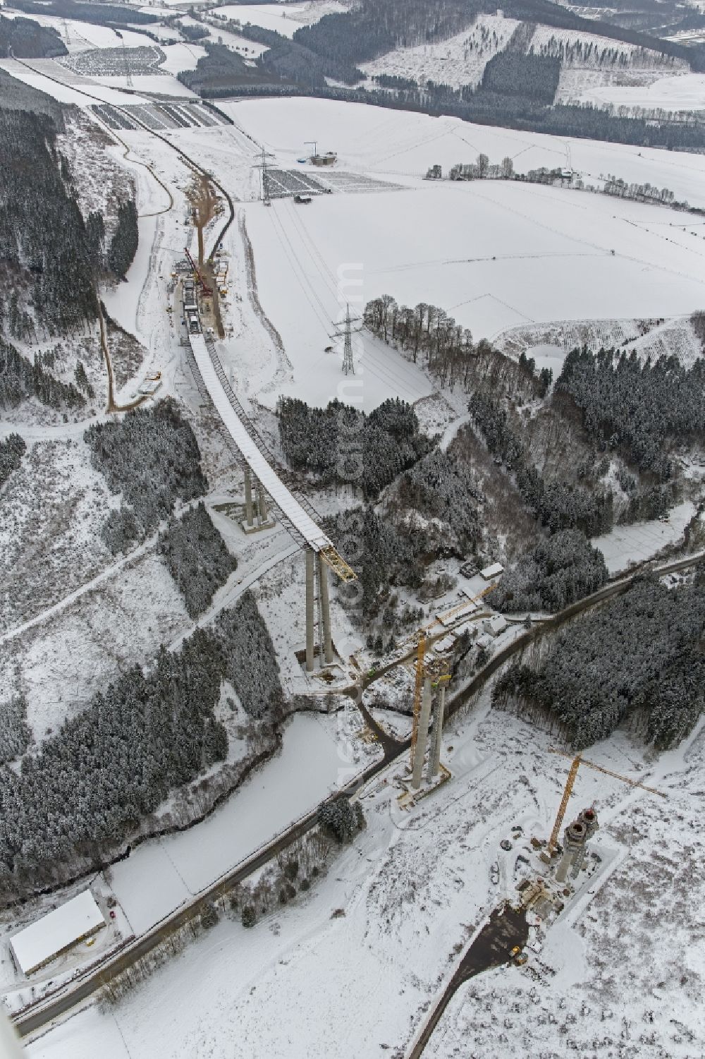 Aerial image Bestwig - Viaduct Nuttlar under construction overlooking the municipality Bestwig in North Rhine-Westphalia