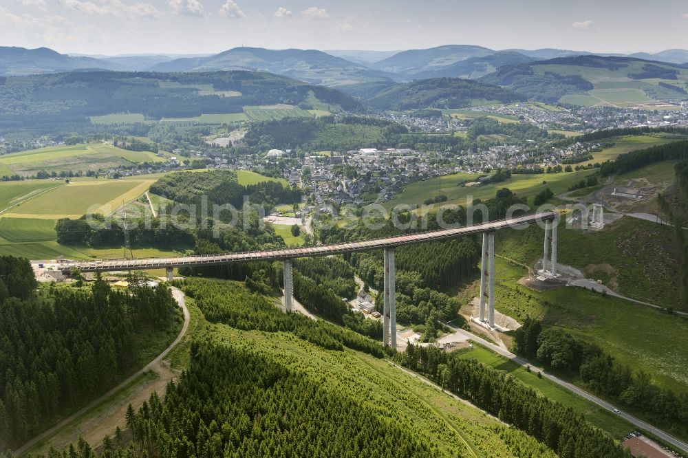 Aerial image Bestwig - Viaduct Nuttlar under construction overlooking the municipality Bestwig in North Rhine-Westphalia