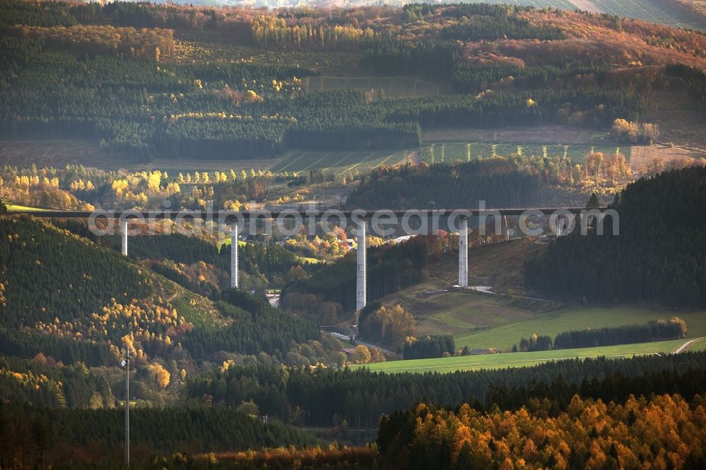 Bestwig from above - Viaduct Nuttlar under construction overlooking the municipality Bestwig in North Rhine-Westphalia