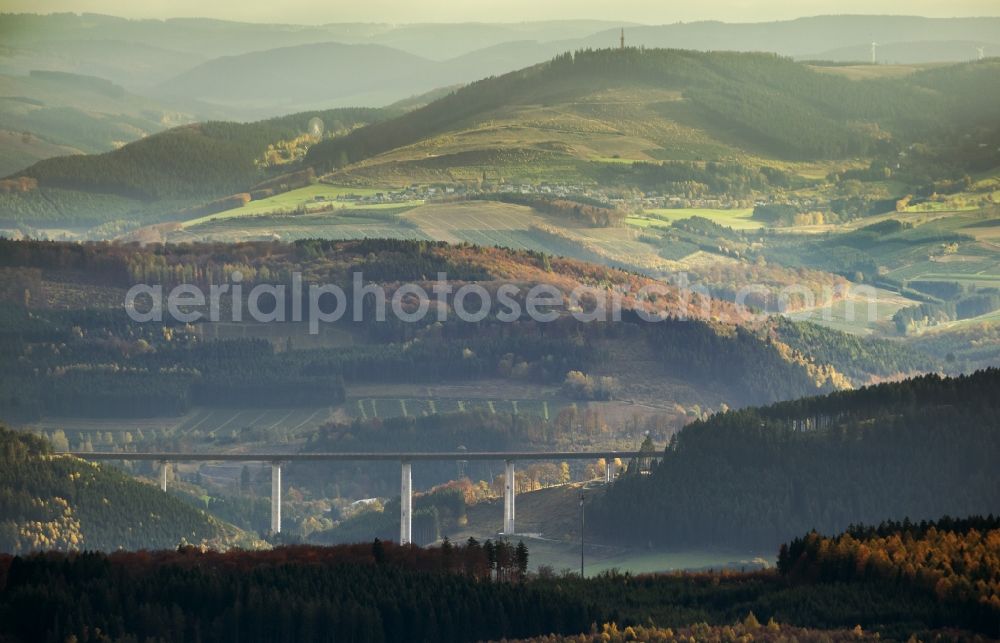 Bestwig from the bird's eye view: Viaduct Nuttlar under construction overlooking the municipality Bestwig in North Rhine-Westphalia