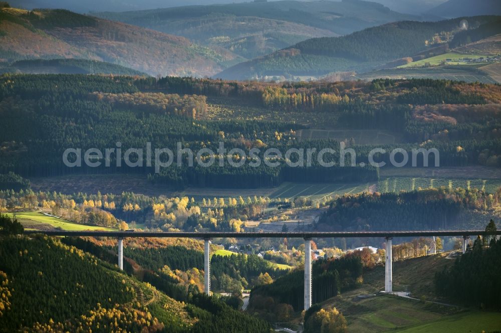 Aerial image Bestwig - Viaduct Nuttlar under construction overlooking the municipality Bestwig in North Rhine-Westphalia