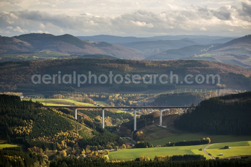 Aerial photograph Bestwig - Viaduct Nuttlar under construction overlooking the municipality Bestwig in North Rhine-Westphalia