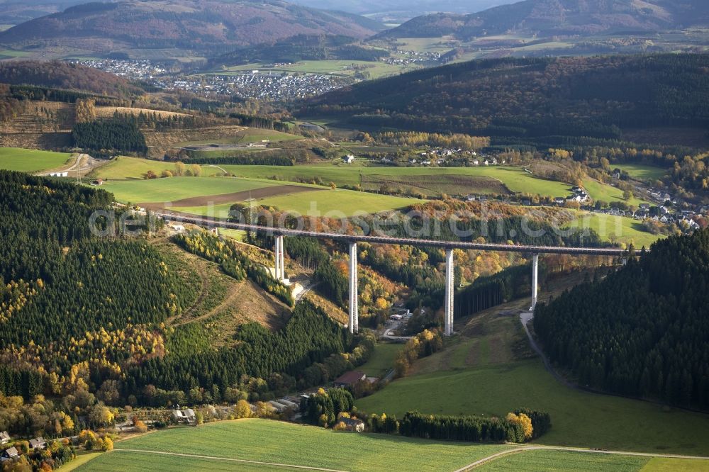 Bestwig from above - Viaduct Nuttlar under construction overlooking the municipality Bestwig in North Rhine-Westphalia