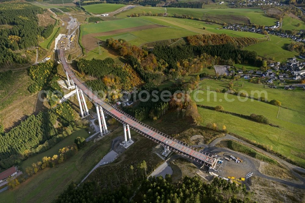 Aerial image Bestwig - Viaduct Nuttlar under construction overlooking the municipality Bestwig in North Rhine-Westphalia