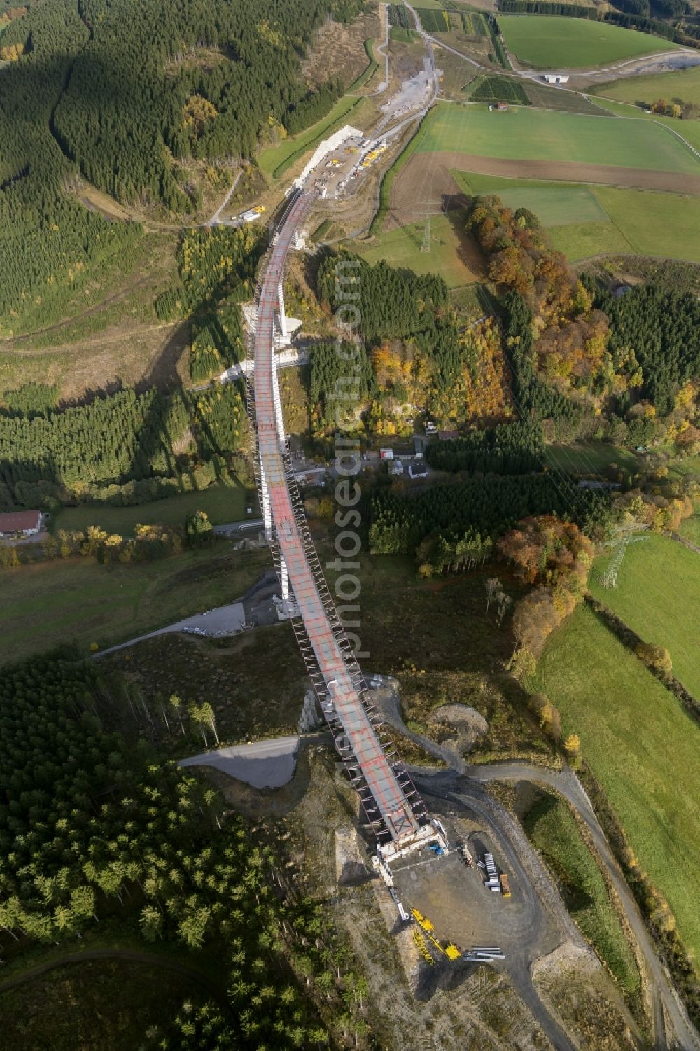 Aerial photograph Bestwig - Viaduct Nuttlar under construction overlooking the municipality Bestwig in North Rhine-Westphalia