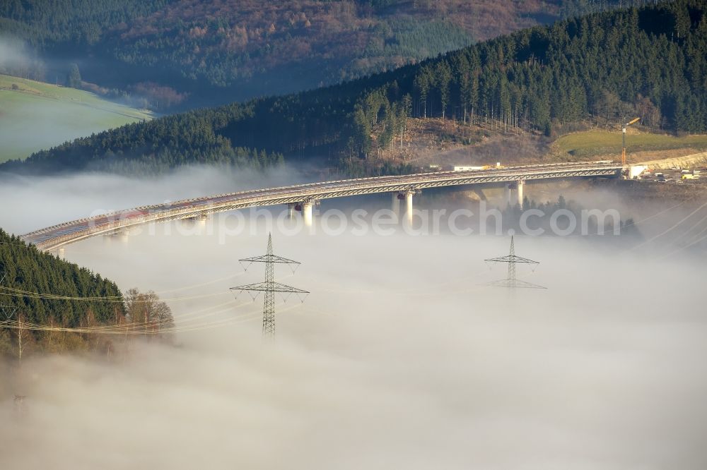 Rüthen from the bird's eye view: Viaduct Nuttlar under construction overlooking the municipality Bestwig in North Rhine-Westphalia