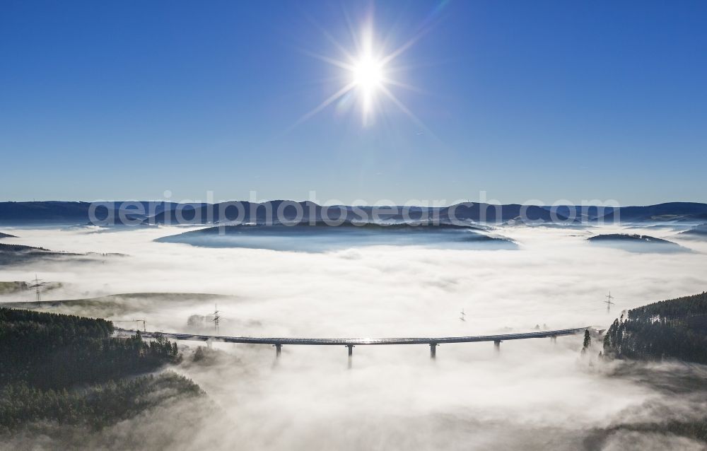 Rüthen from above - Viaduct Nuttlar under construction overlooking the municipality Bestwig in North Rhine-Westphalia