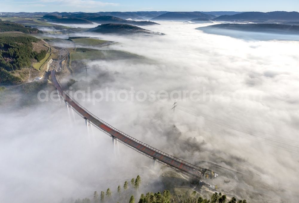 Rüthen from the bird's eye view: Viaduct Nuttlar under construction overlooking the municipality Bestwig in North Rhine-Westphalia