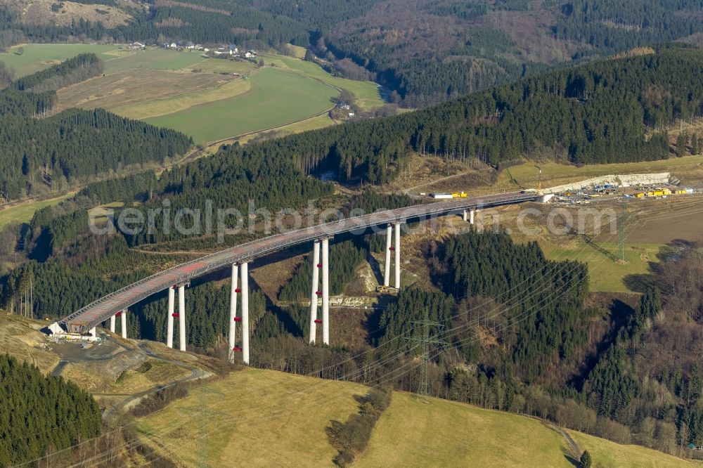 Bestwig from above - Viaduct Nuttlar under construction overlooking the municipality Bestwig in North Rhine-Westphalia