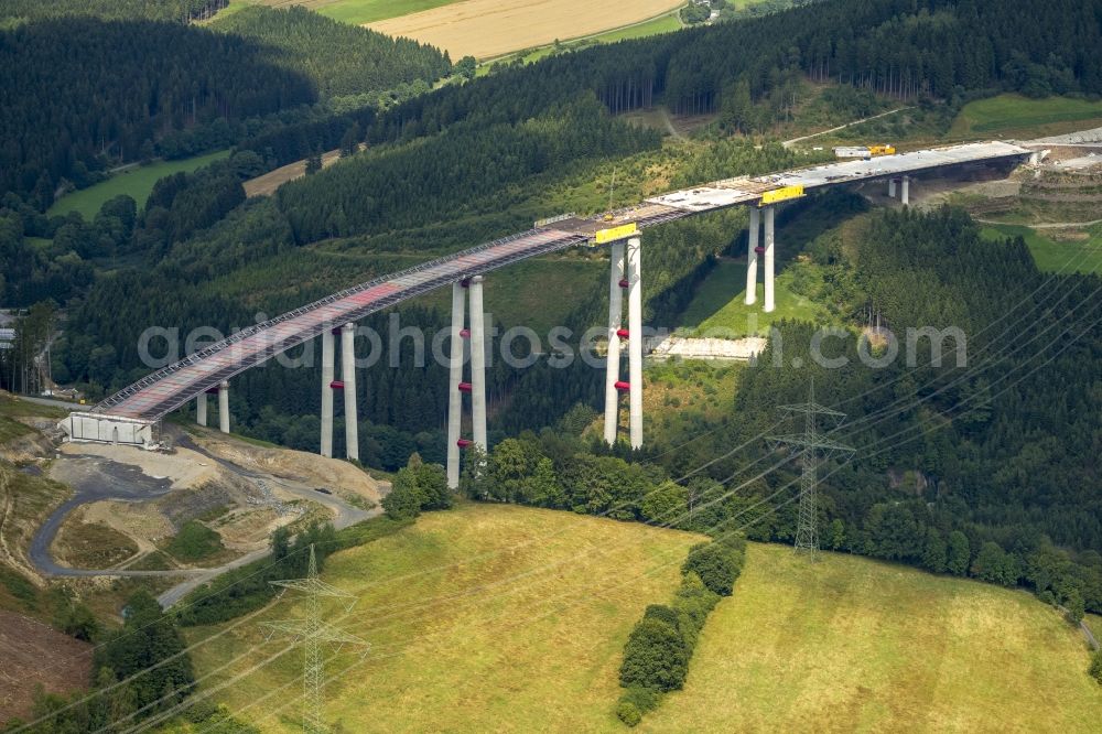 Aerial image Bestwig - Viaduct Nuttlar under construction overlooking the municipality Bestwig in North Rhine-Westphalia