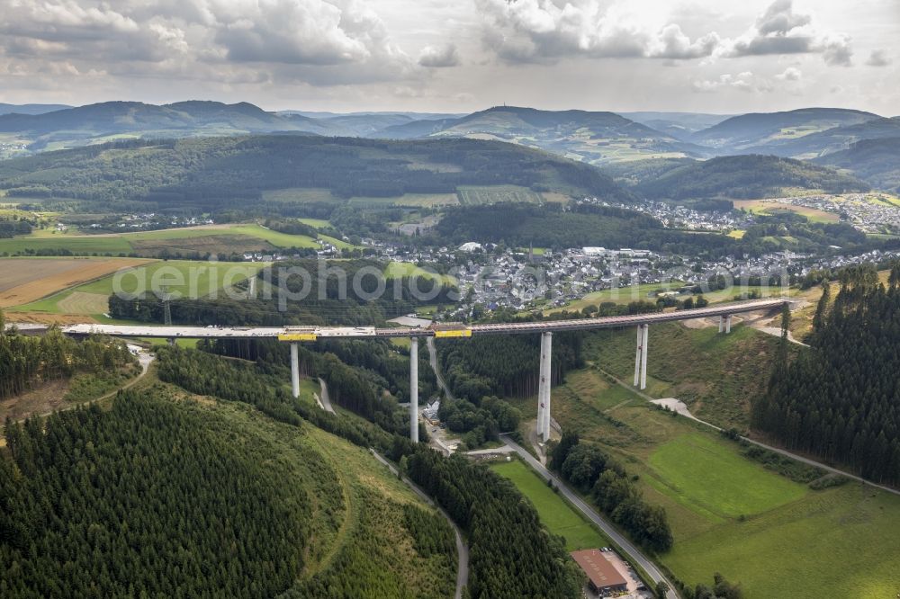 Aerial photograph Bestwig - Viaduct Nuttlar under construction overlooking the municipality Bestwig in North Rhine-Westphalia