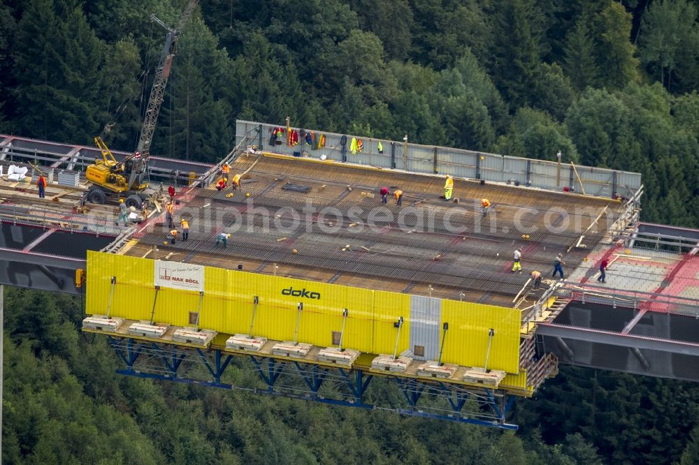 Bestwig from above - Viaduct Nuttlar under construction overlooking the municipality Bestwig in North Rhine-Westphalia