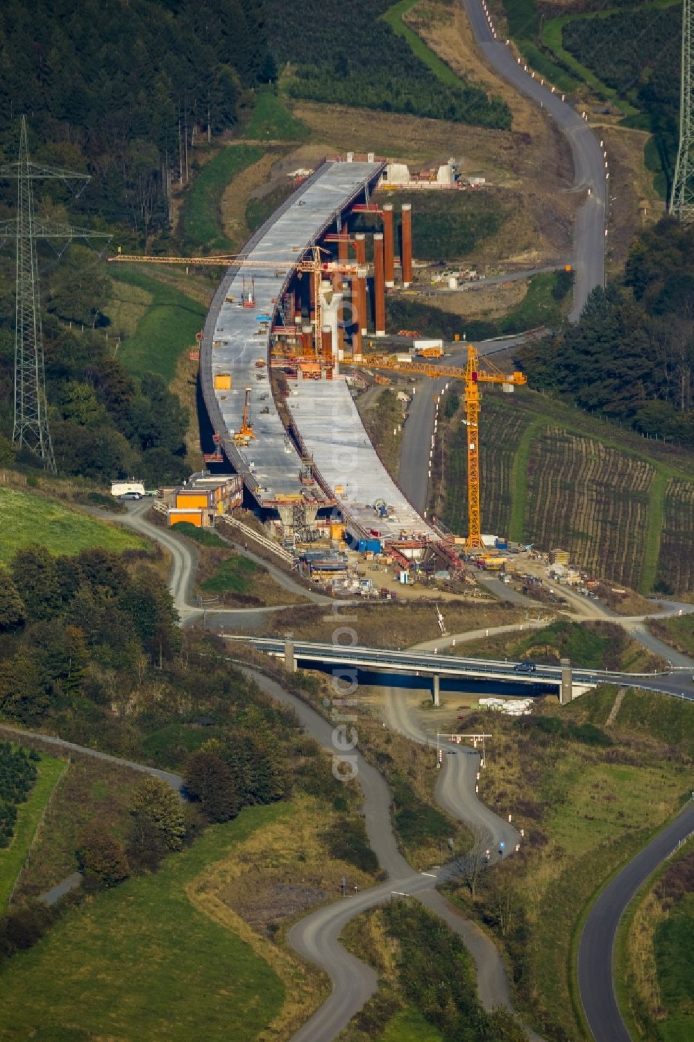 Aerial photograph Bestwig - Viaduct Nuttlar under construction overlooking the municipality Bestwig in North Rhine-Westphalia