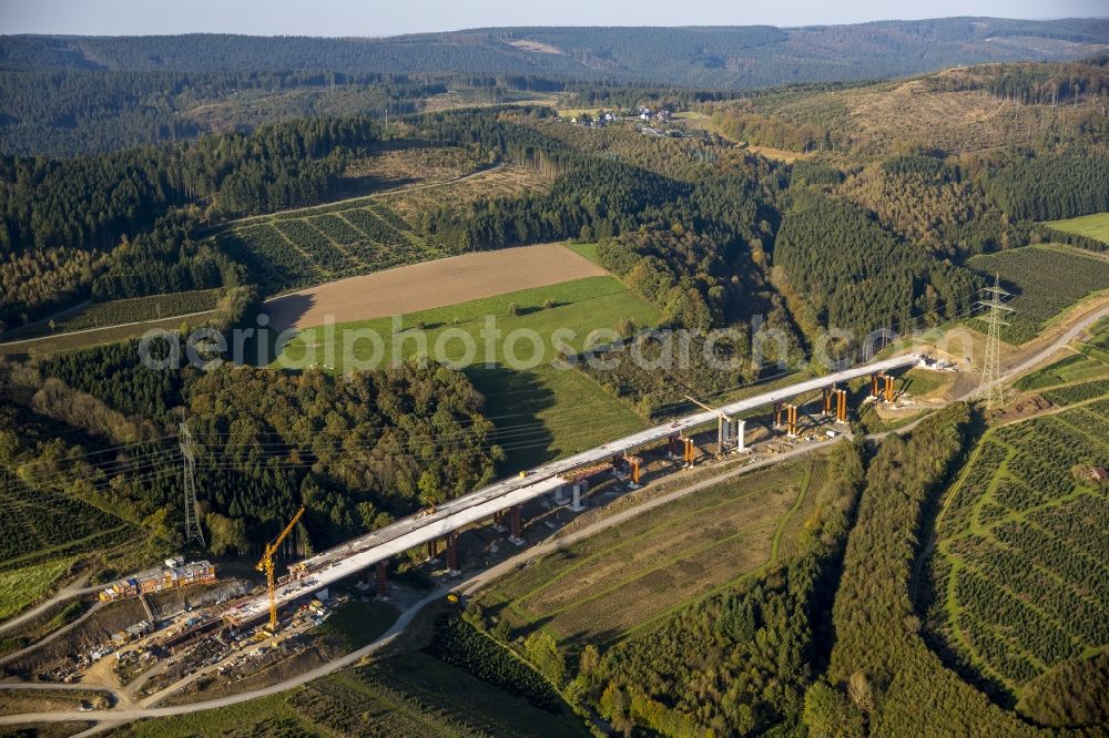 Bestwig from above - Viaduct Nuttlar under construction overlooking the municipality Bestwig in North Rhine-Westphalia