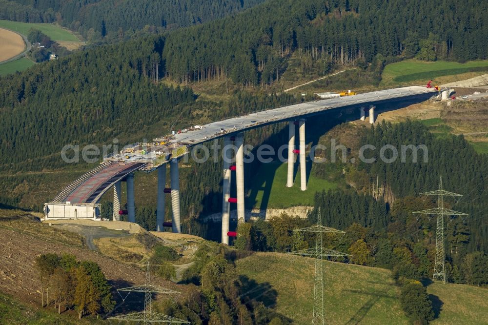 Aerial image Bestwig - Viaduct Nuttlar under construction overlooking the municipality Bestwig in North Rhine-Westphalia