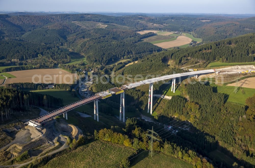 Aerial photograph Bestwig - Viaduct Nuttlar under construction overlooking the municipality Bestwig in North Rhine-Westphalia