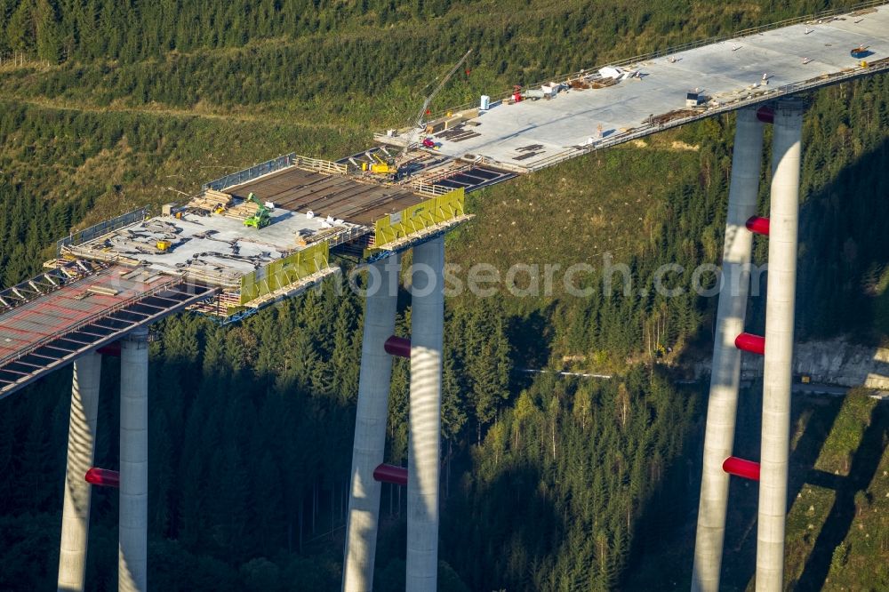 Bestwig from above - Viaduct Nuttlar under construction overlooking the municipality Bestwig in North Rhine-Westphalia