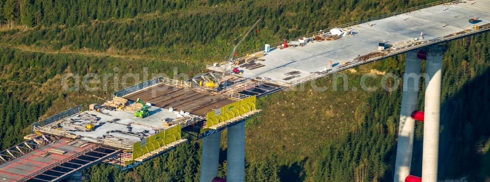 Aerial photograph Bestwig - Viaduct Nuttlar under construction overlooking the municipality Bestwig in North Rhine-Westphalia