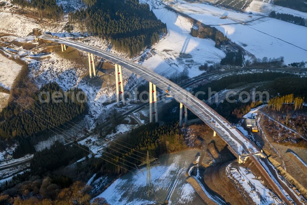 Bestwig from above - Viaduct Nuttlar under construction overlooking the municipality Bestwig in North Rhine-Westphalia